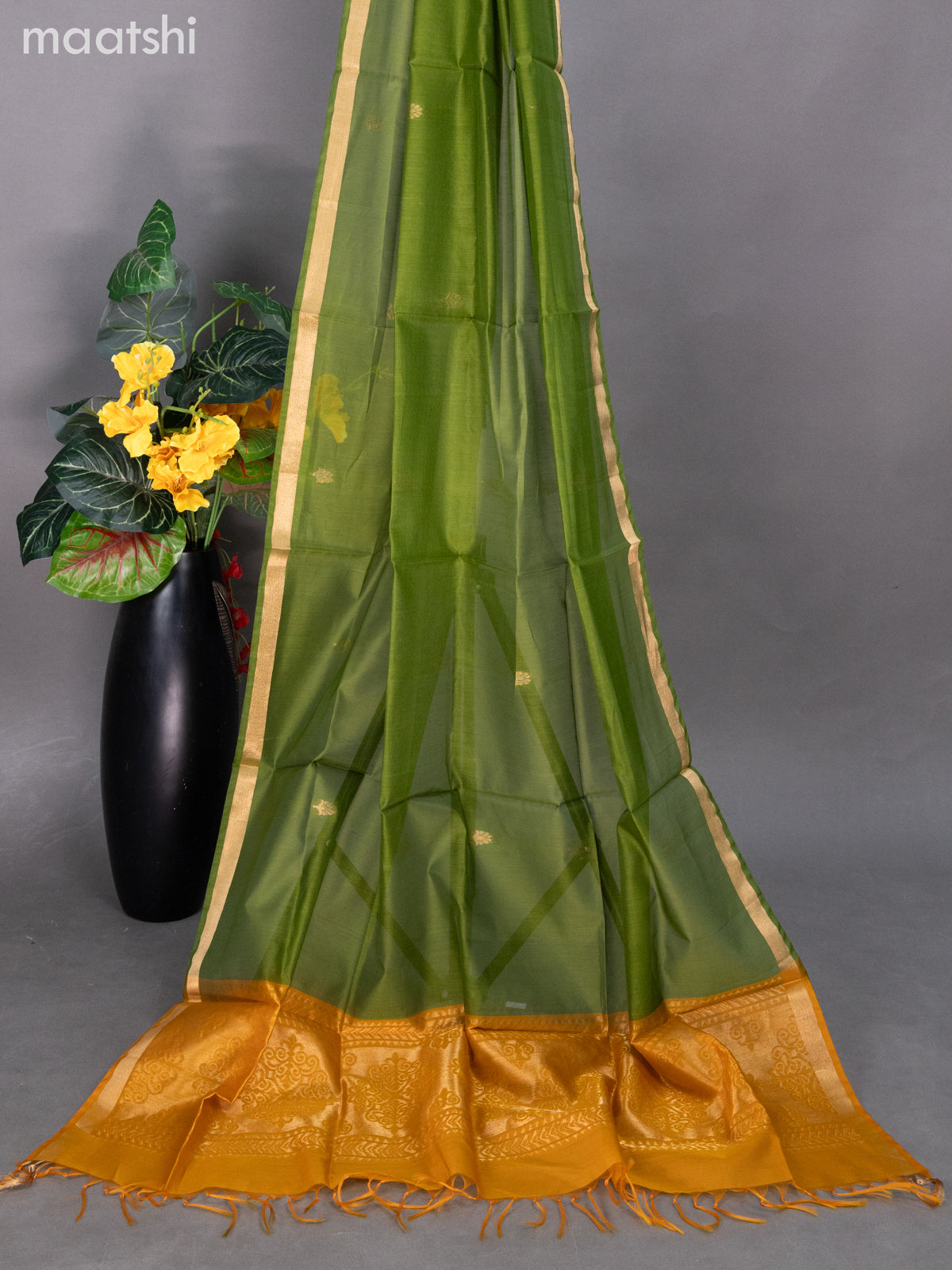 Mustard Yellow and Green Silk Cotton Dress Material With Zari Buttas