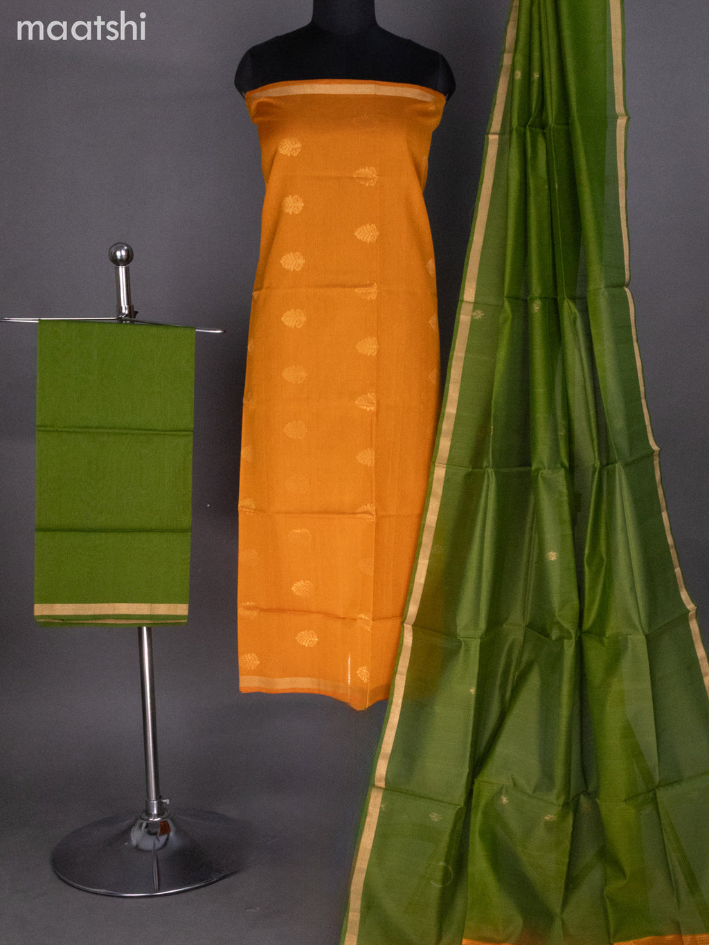 Orange and Green Silk Cotton Dress Material With Zari Buttas