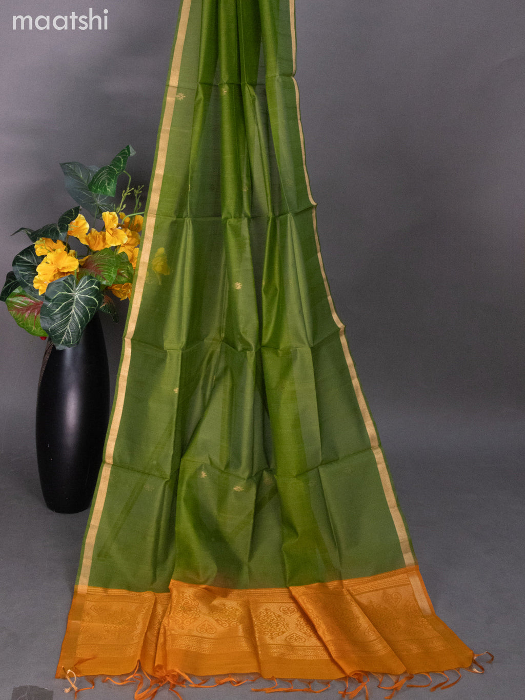 Orange and Green Silk Cotton Dress Material With Zari Buttas