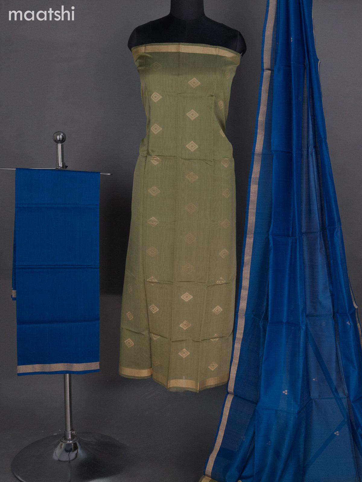 Nmehendi Green and Peacock Blue Silk Cotton Dress Material With Zari Buttas