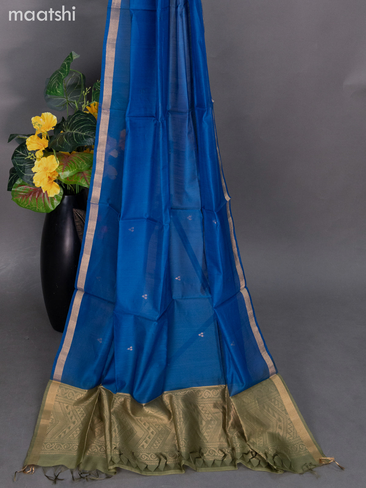 Nmehendi Green and Peacock Blue Silk Cotton Dress Material With Zari Buttas