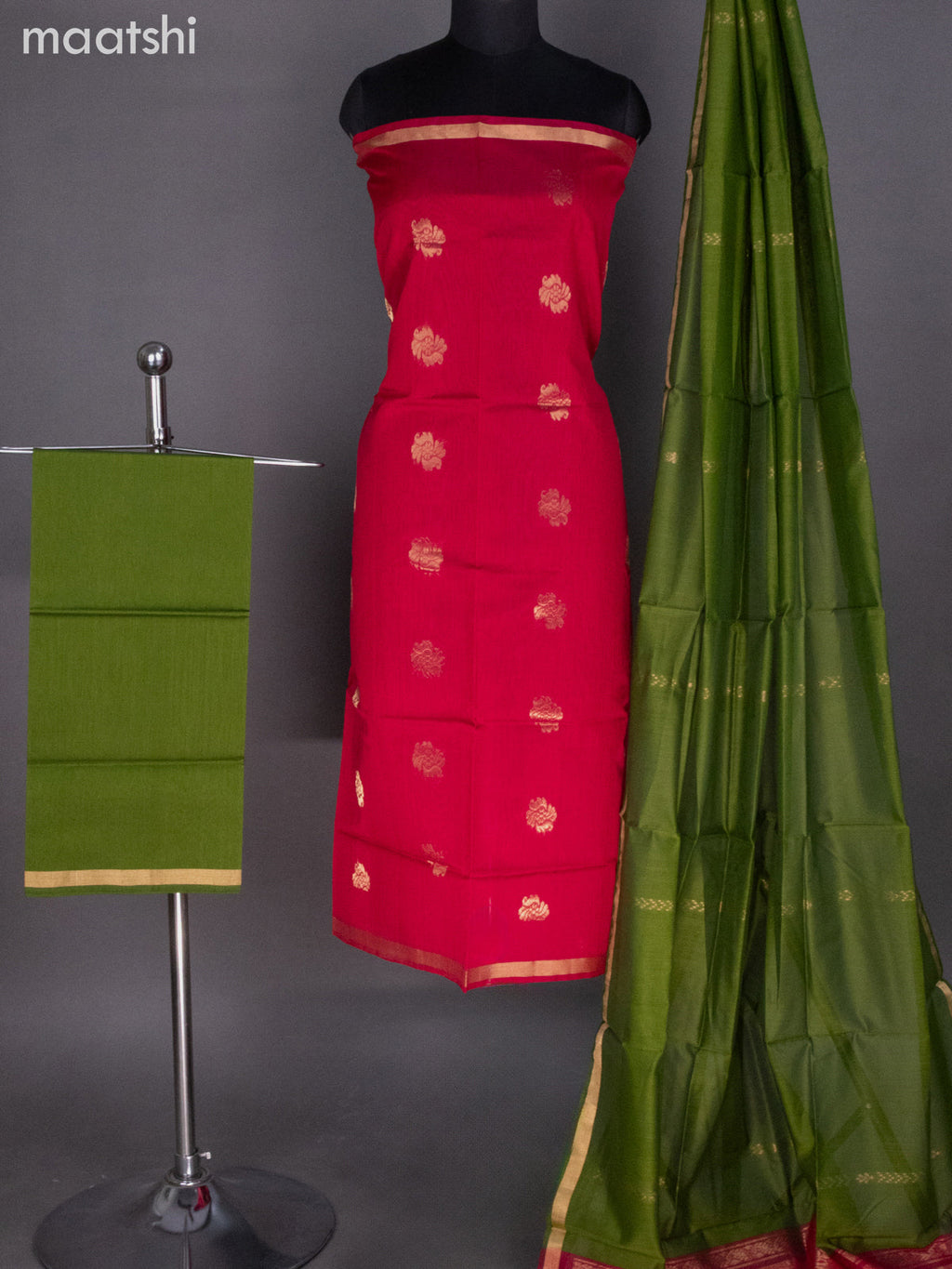 Pink and Green Silk Cotton Dress Material With Zari Buttas