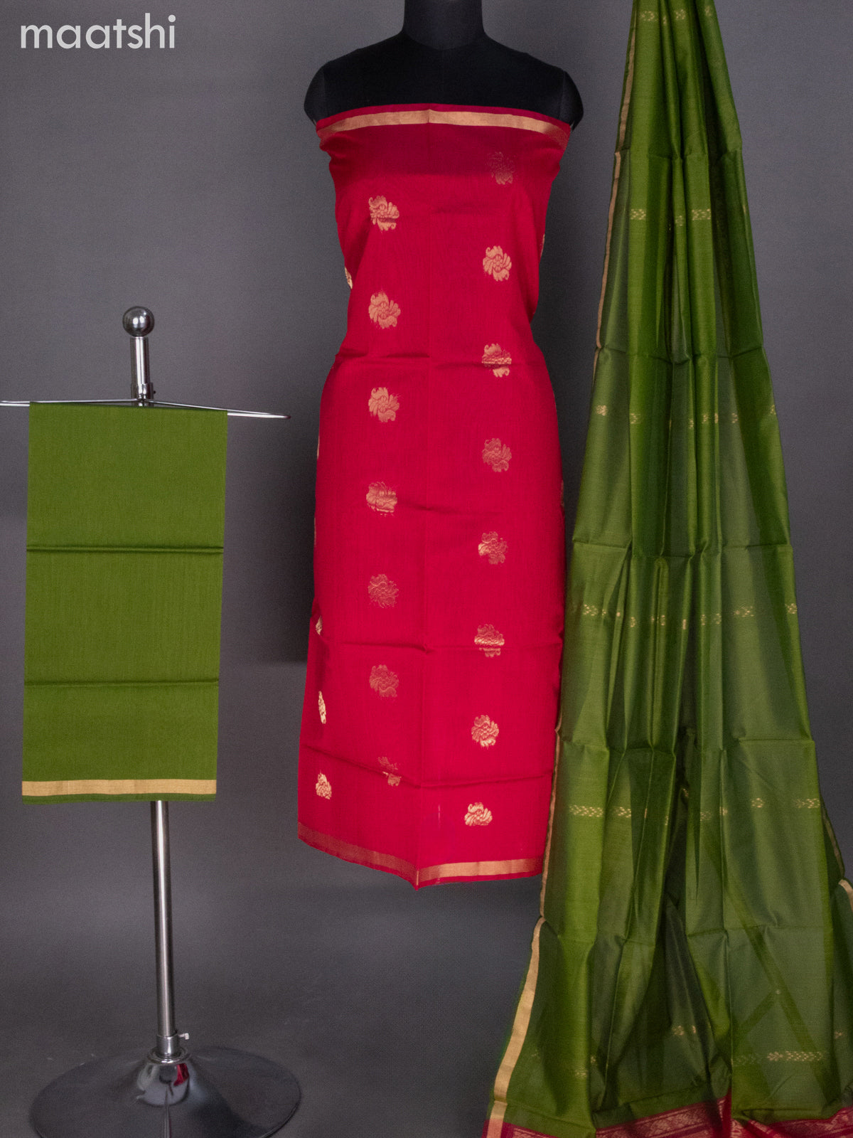 Pink and Green Silk Cotton Dress Material With Zari Buttas