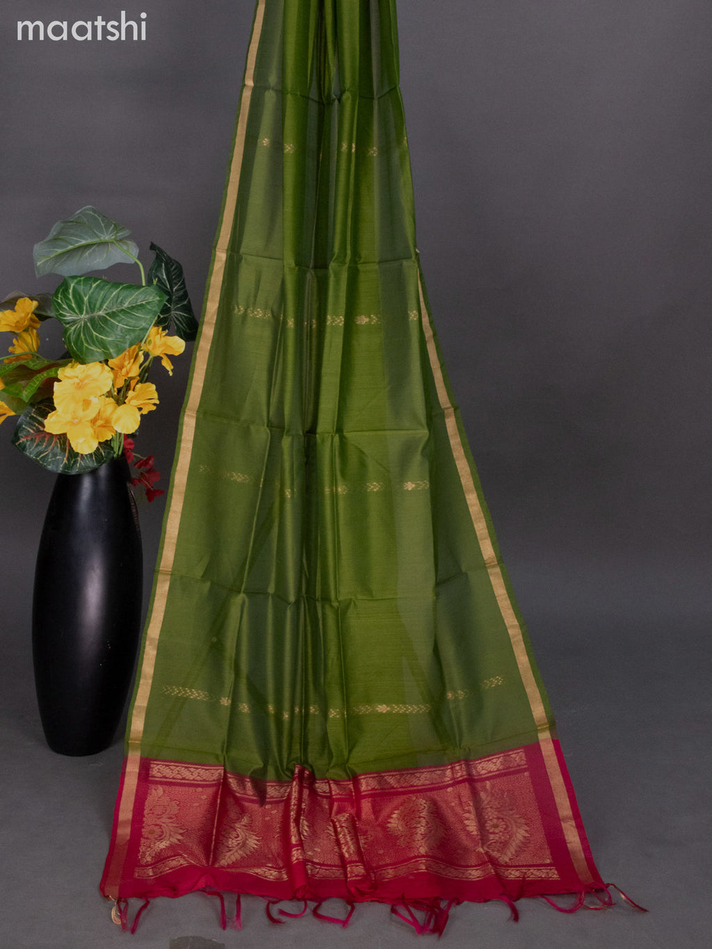 Pink and Green Silk Cotton Dress Material With Zari Buttas
