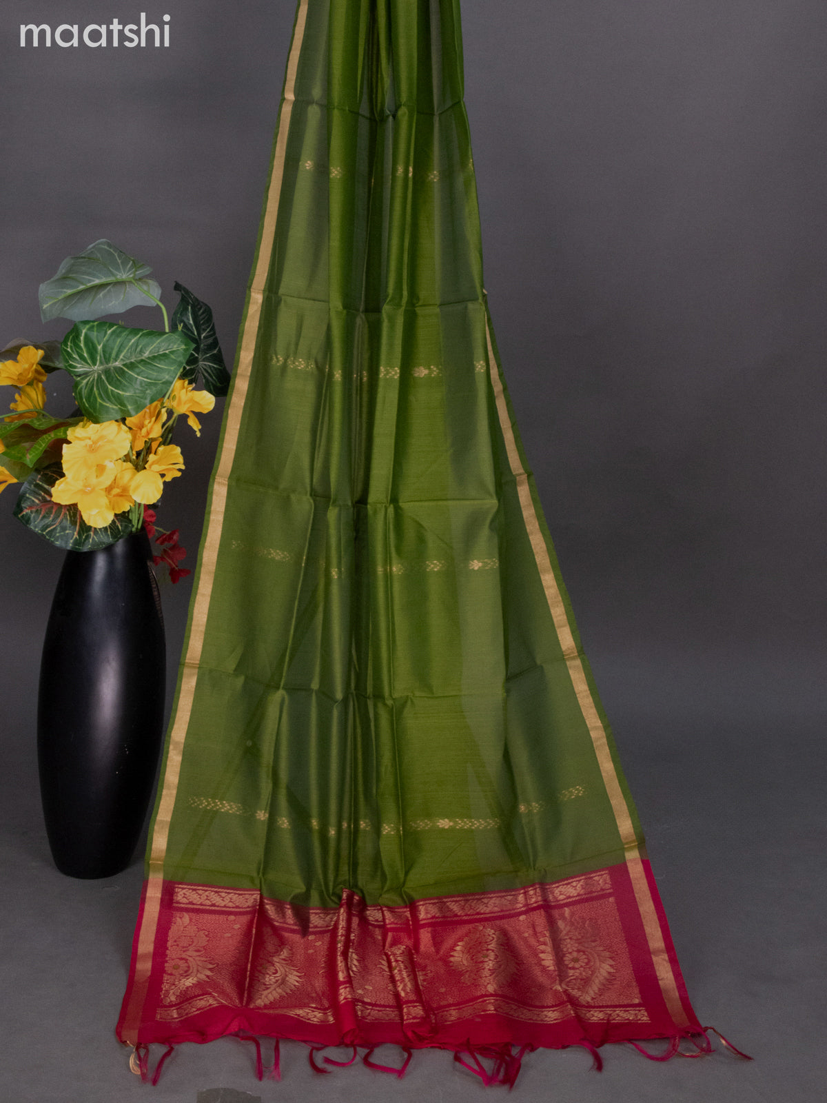 Pink and Green Silk Cotton Dress Material With Zari Buttas