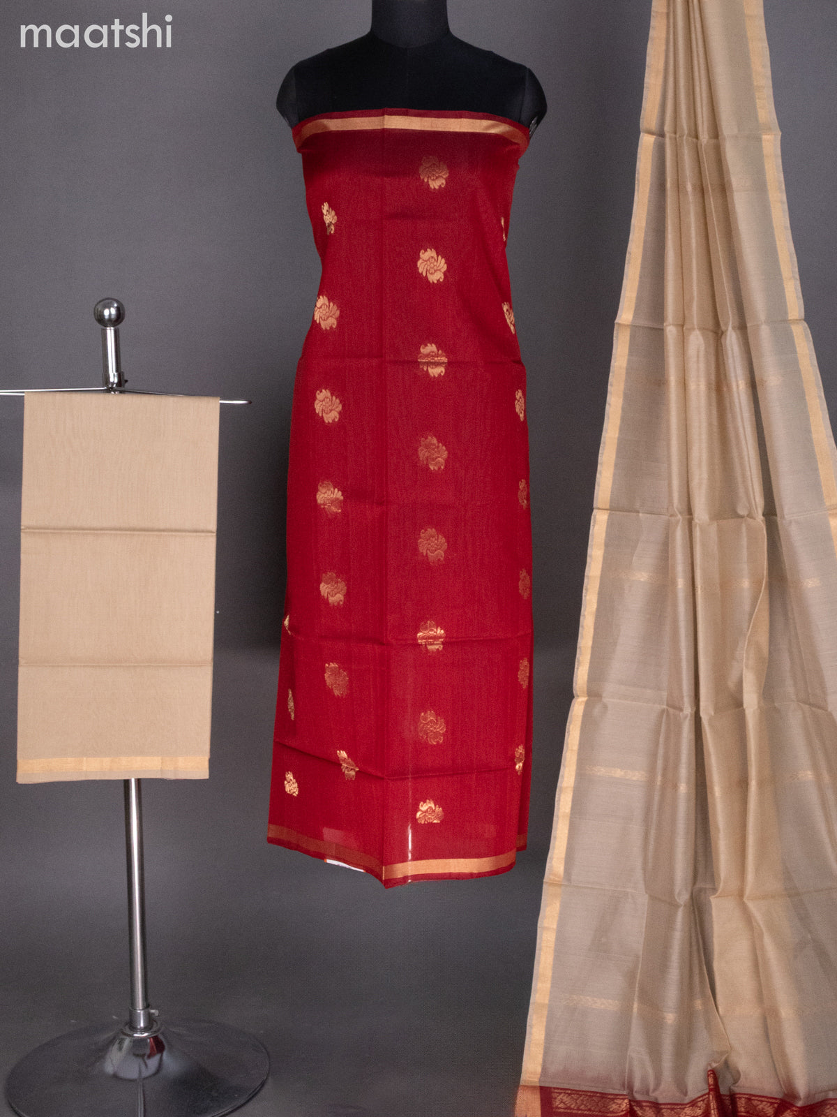 Maroon and Sandal Silk Cotton Dress Material With Zari Buttas