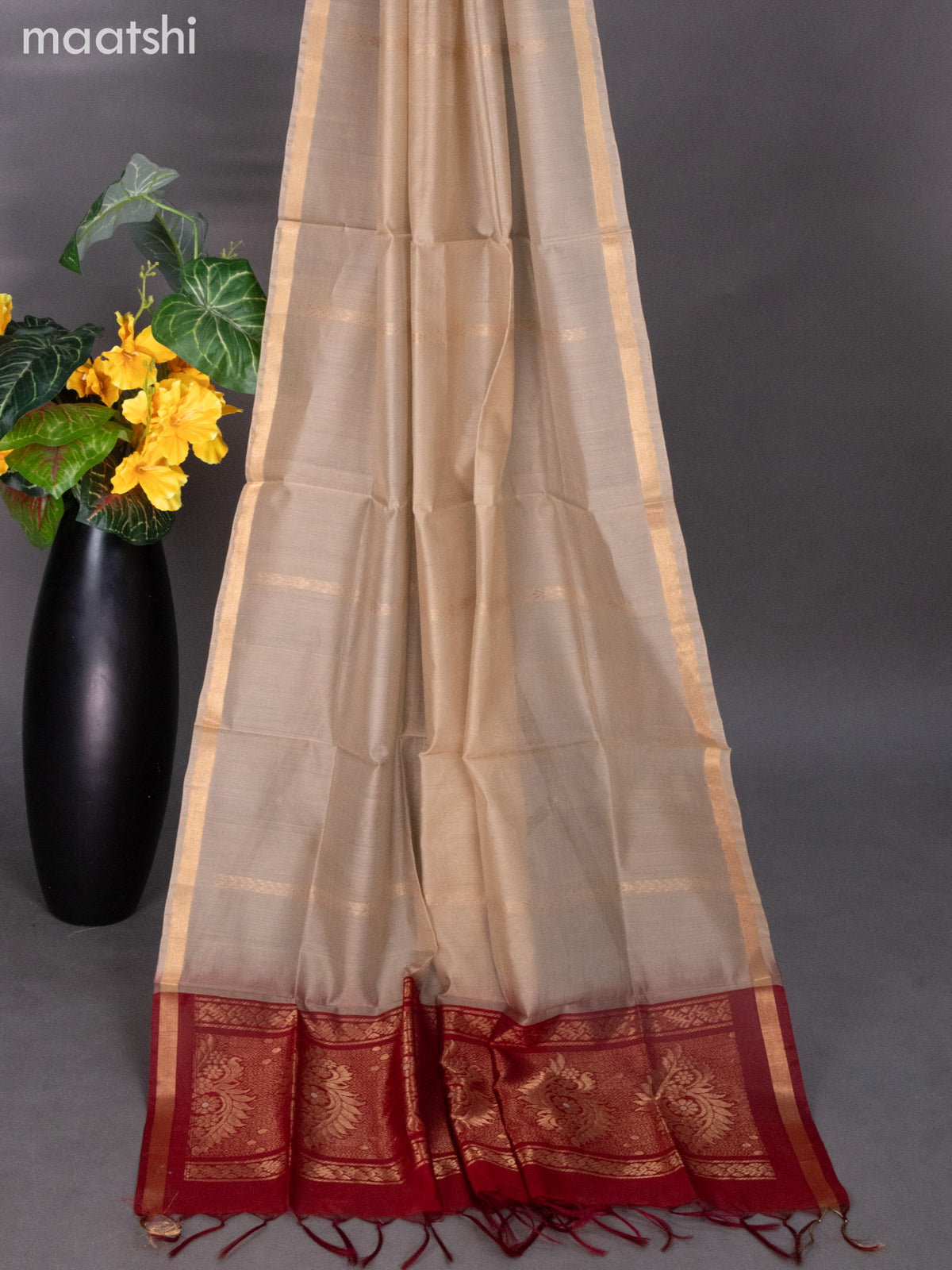 Maroon and Sandal Silk Cotton Dress Material With Zari Buttas