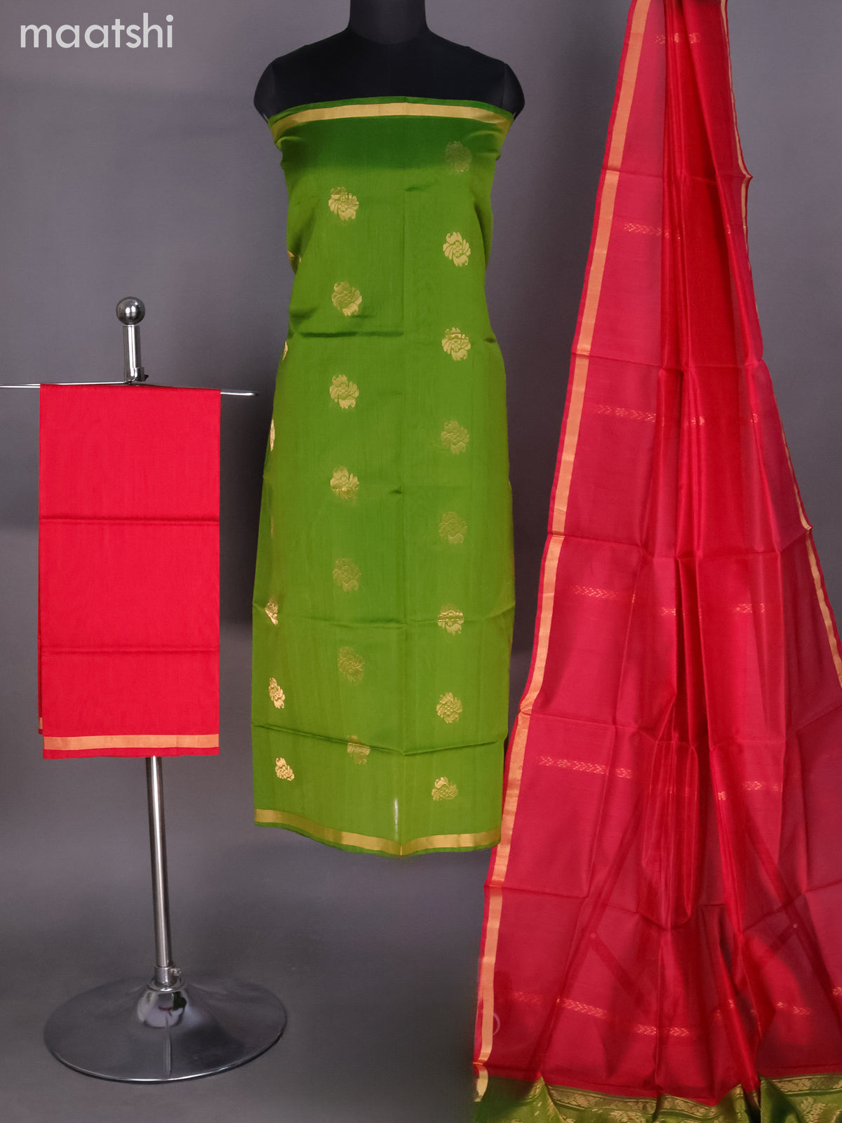 Green and Pink Silk Cotton Dress Material With Zari Buttas