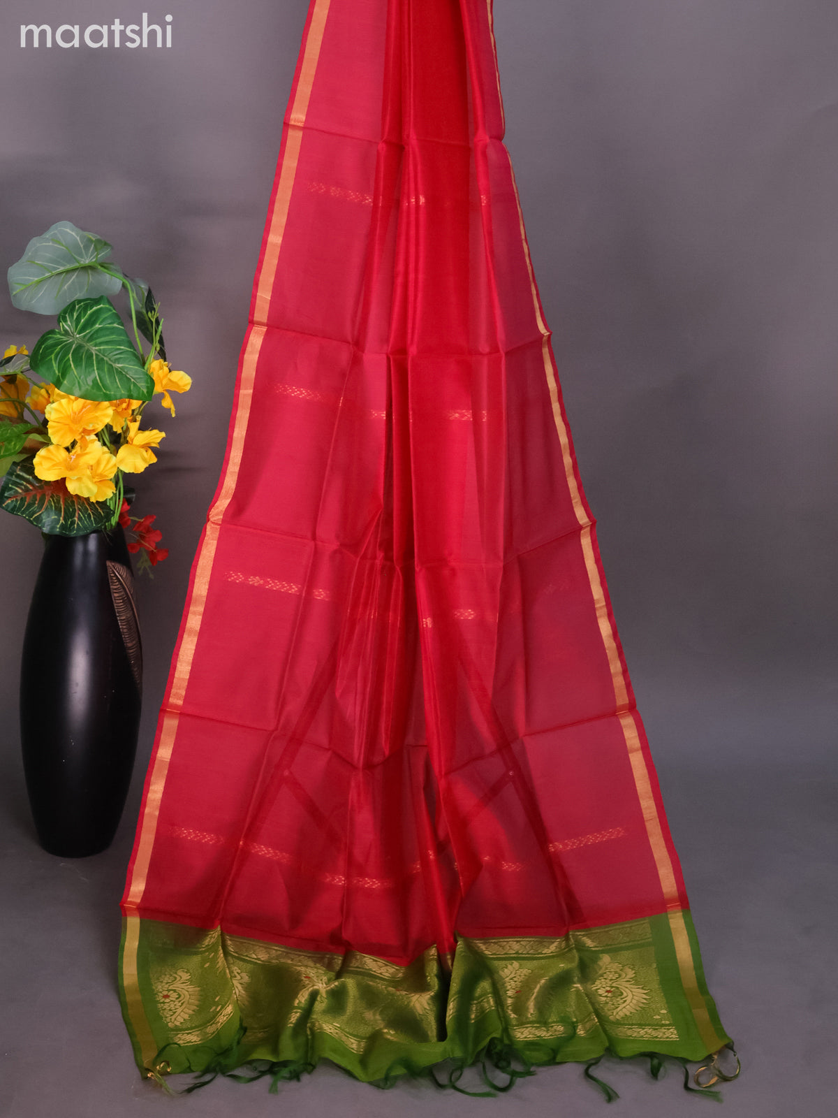 Green and Pink Silk Cotton Dress Material With Zari Buttas