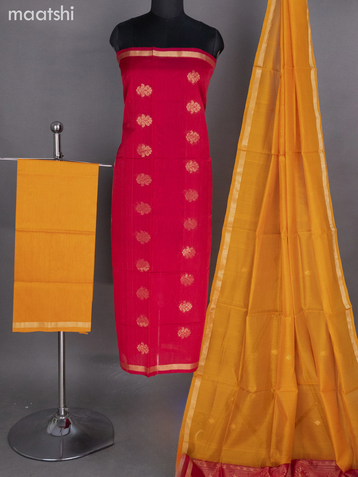 Dark Pink and Mango Yellow Silk Cotton Dress Material With Zari Buttas