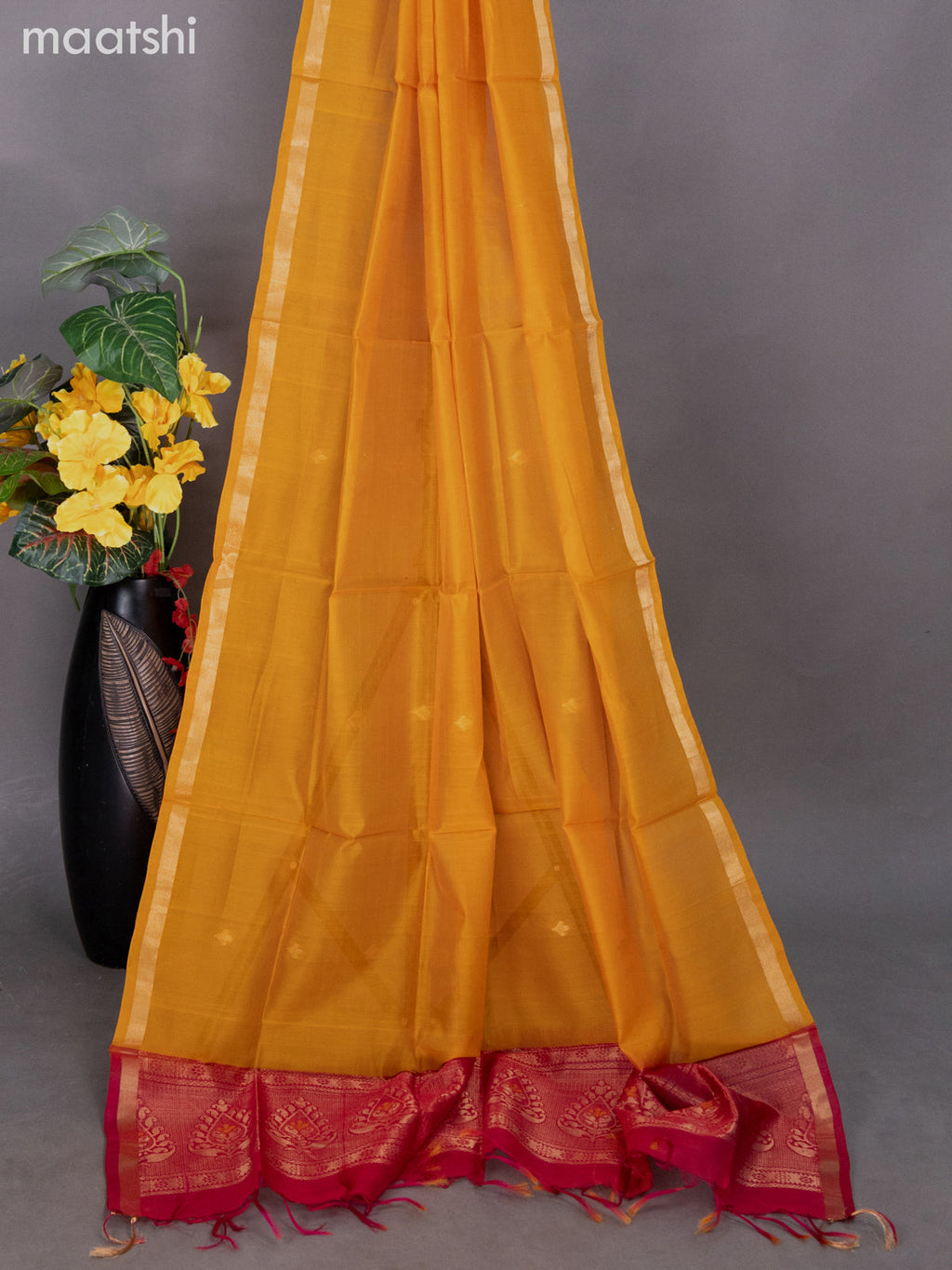 Dark Pink and Mango Yellow Silk Cotton Dress Material With Zari Buttas
