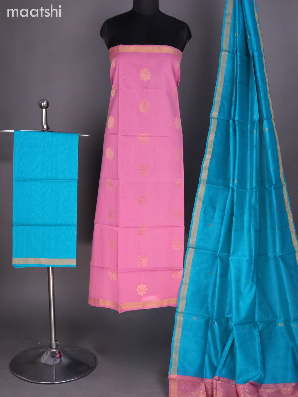 Pastel Pink and Teal Blue Silk Cotton Dress Material With Zari Buttas