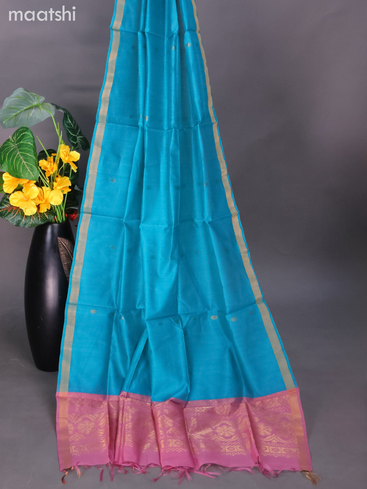 Pastel Pink and Teal Blue Silk Cotton Dress Material With Zari Buttas