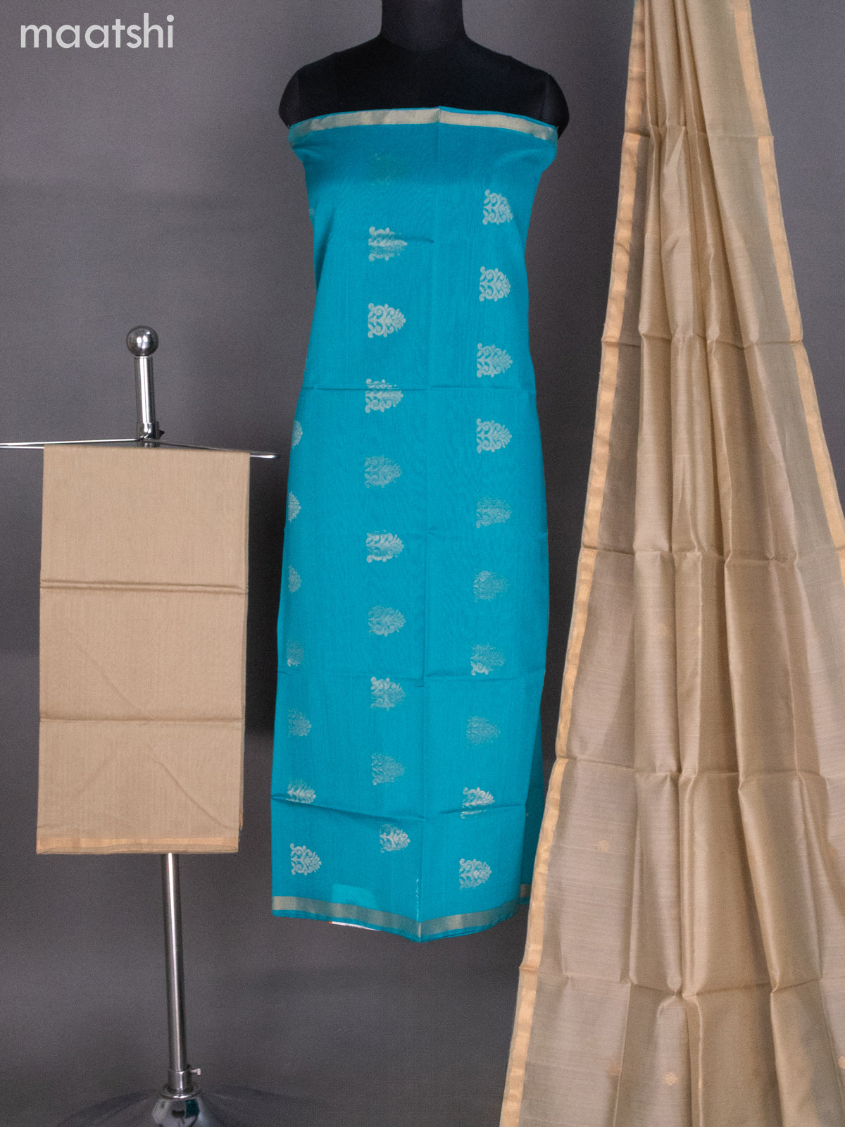 Teal Blue and Beige Silk Cotton Dress Material With Zari Buttas