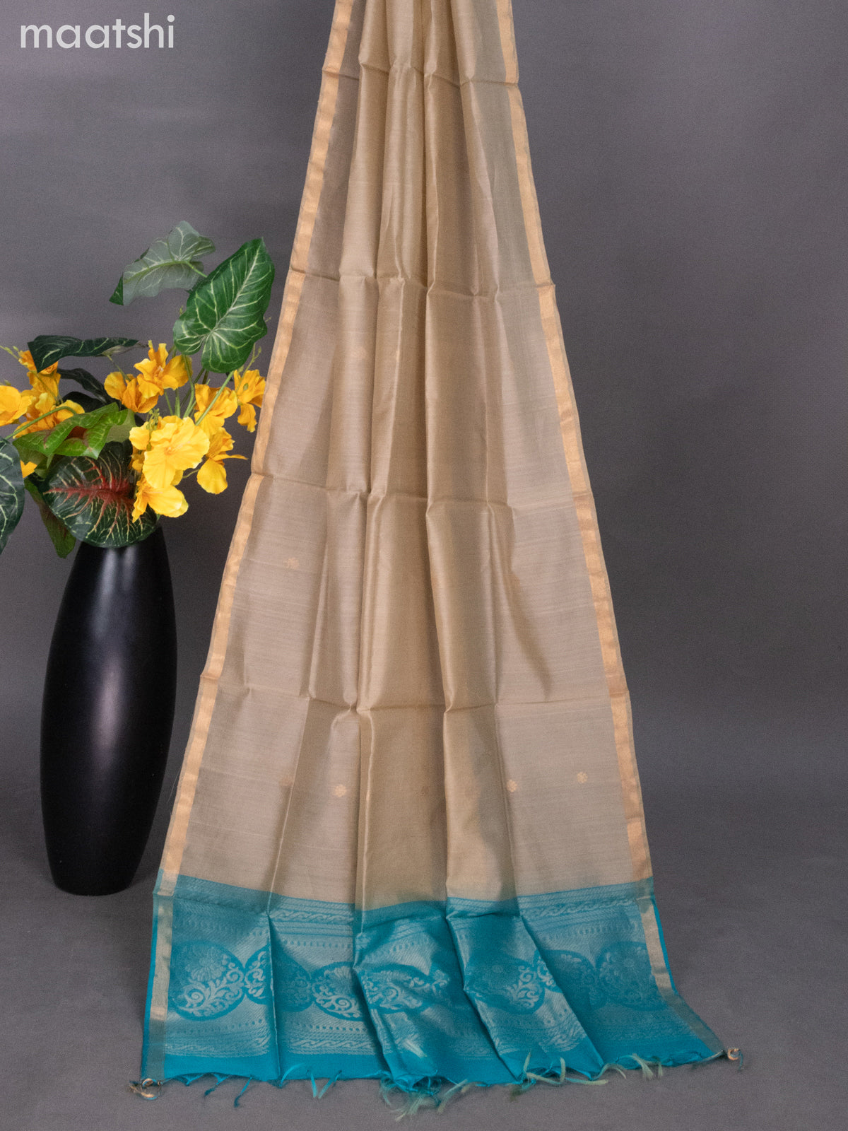 Teal Blue and Beige Silk Cotton Dress Material With Zari Buttas