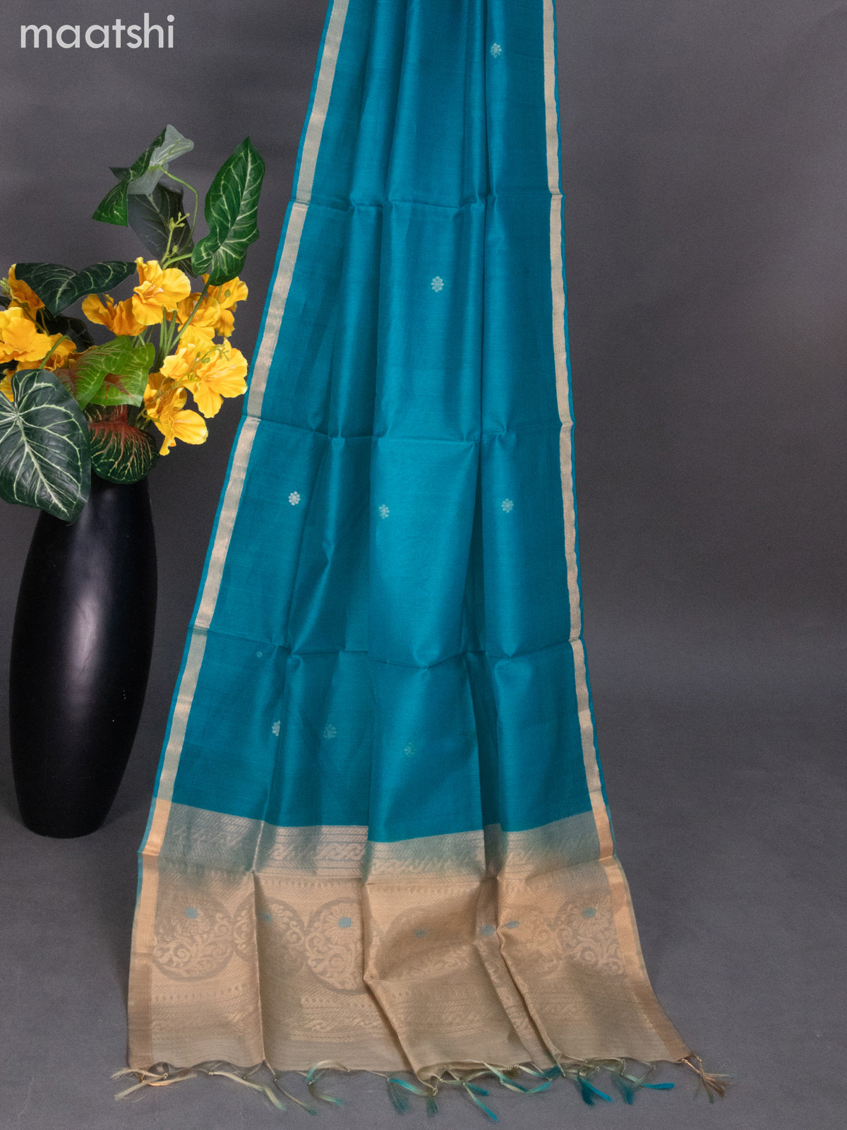Beige and Teal Blue Silk Cotton Dress Material With Zari Buttas
