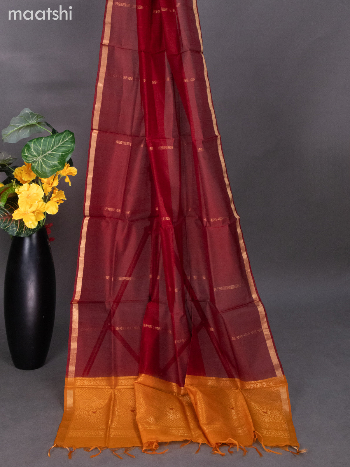 Orange and Maroon Silk Cotton Dress Material With Zari Buttas