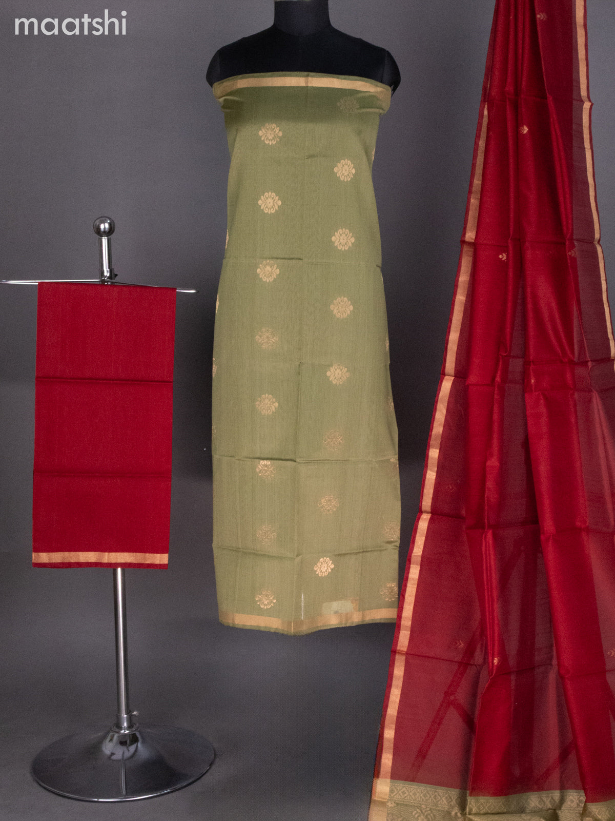 Mehendi Green and Maroon Silk Cotton Dress Material With Zari Buttas