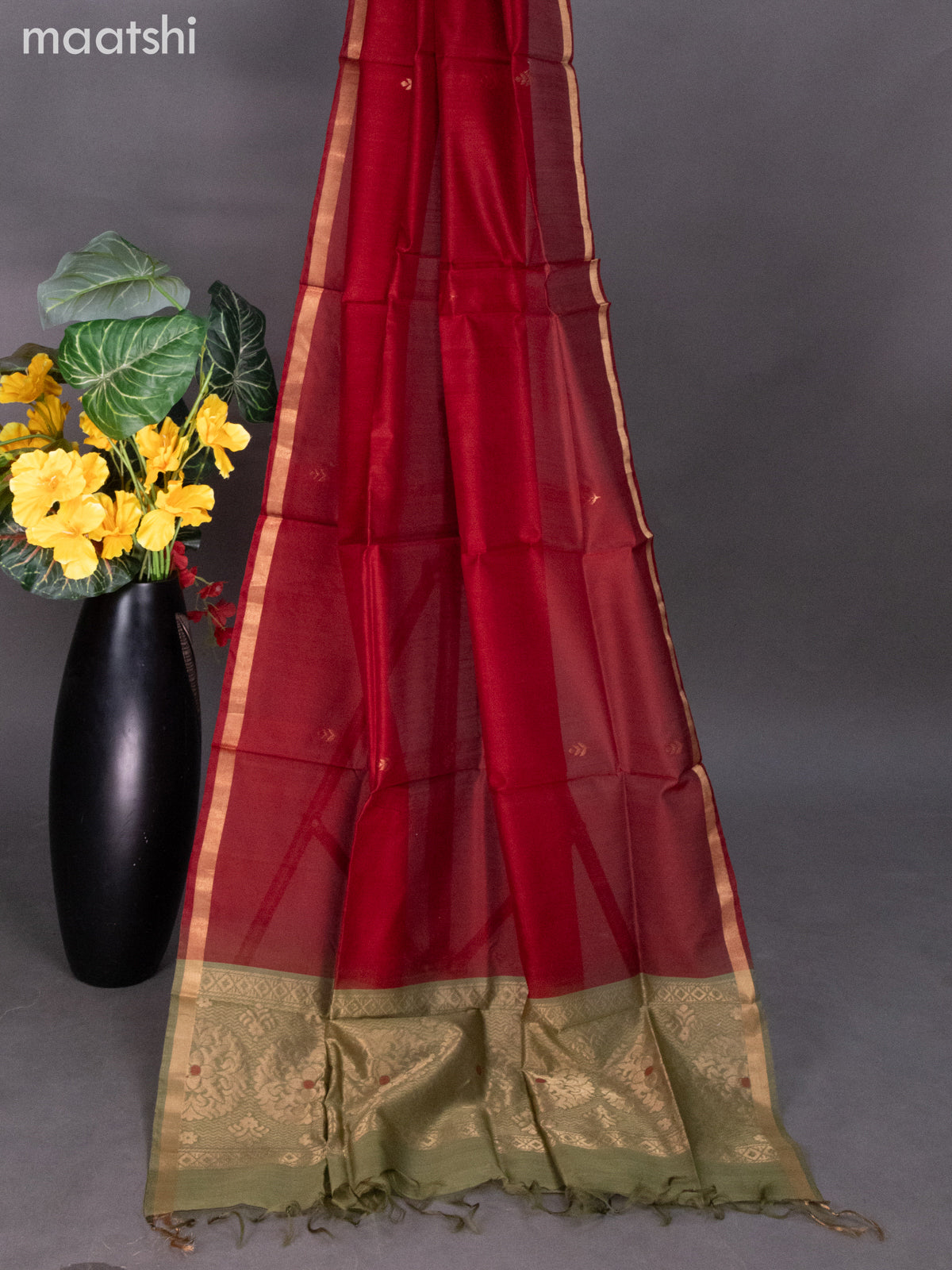 Mehendi Green and Maroon Silk Cotton Dress Material With Zari Buttas