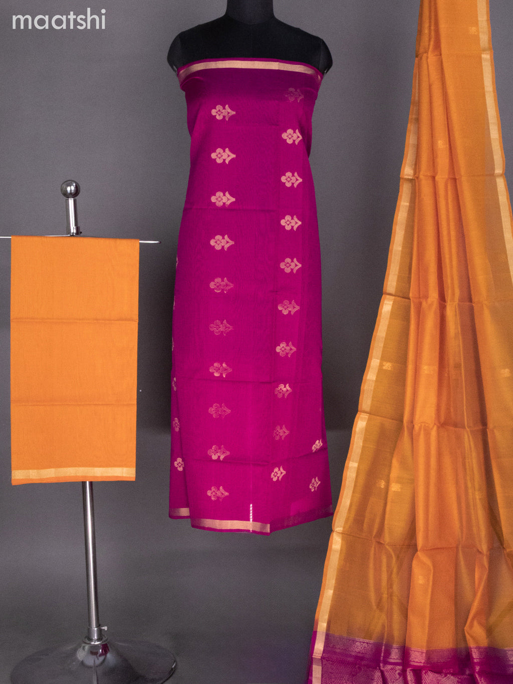 Pink and Orange Silk Cotton Dress Material With Zari Buttas