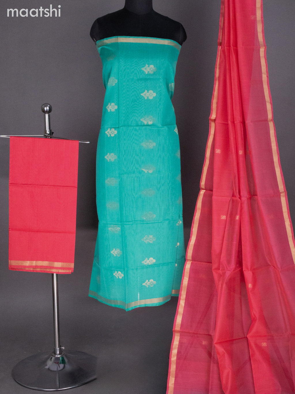 Teal Green and Peach Pink Silk Cotton Dress Material With Zari Buttas