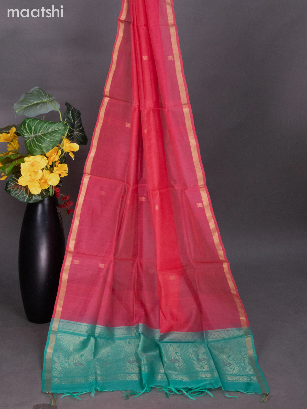 Teal Green and Peach Pink Silk Cotton Dress Material With Zari Buttas