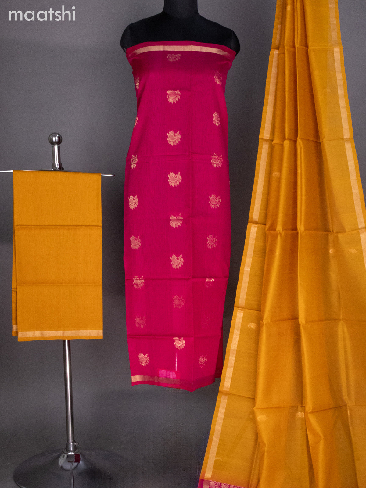 Pink and Mustard Yellow Silk Cotton Dress Material With Zari Buttas