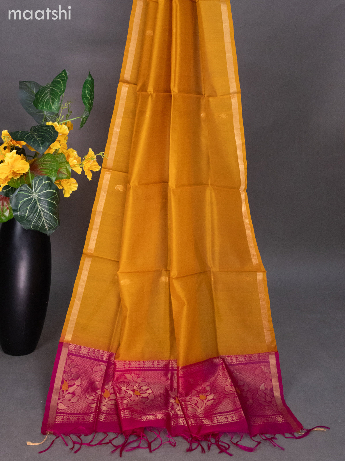 Pink and Mustard Yellow Silk Cotton Dress Material With Zari Buttas