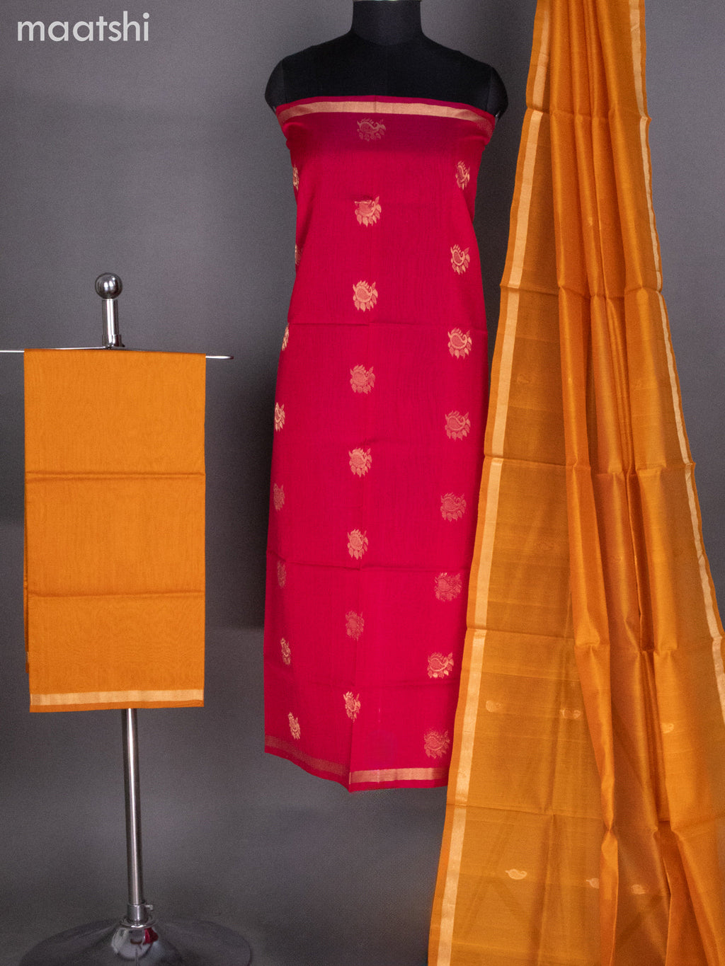 Pink and Orange Silk Cotton Dress Material With Zari Buttas