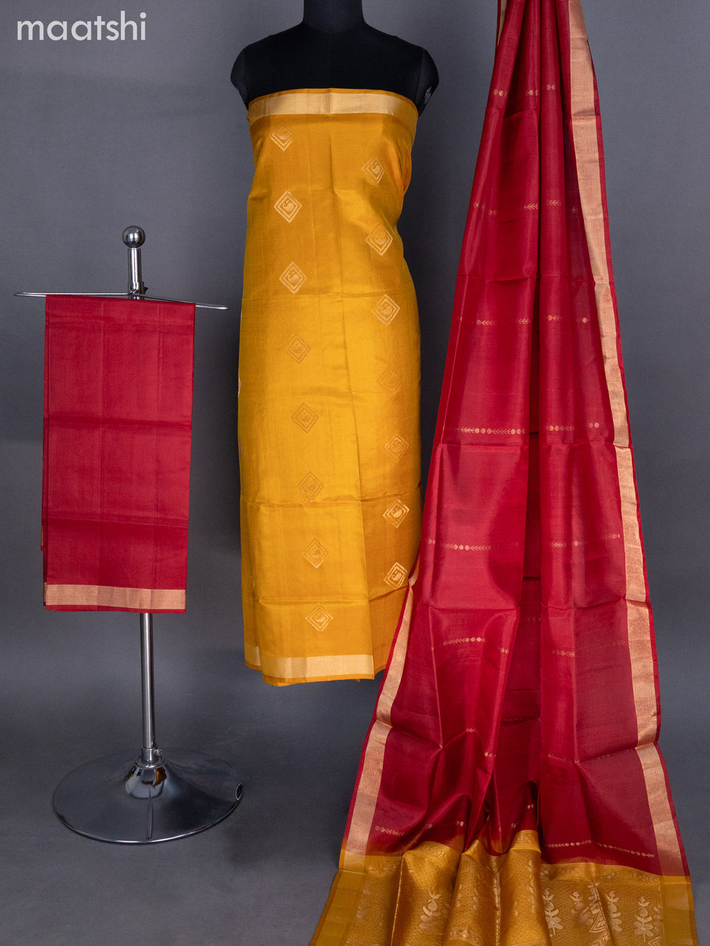 Mustard Yellow and Maroon Pure Silk Dress Material With Zari Buttas