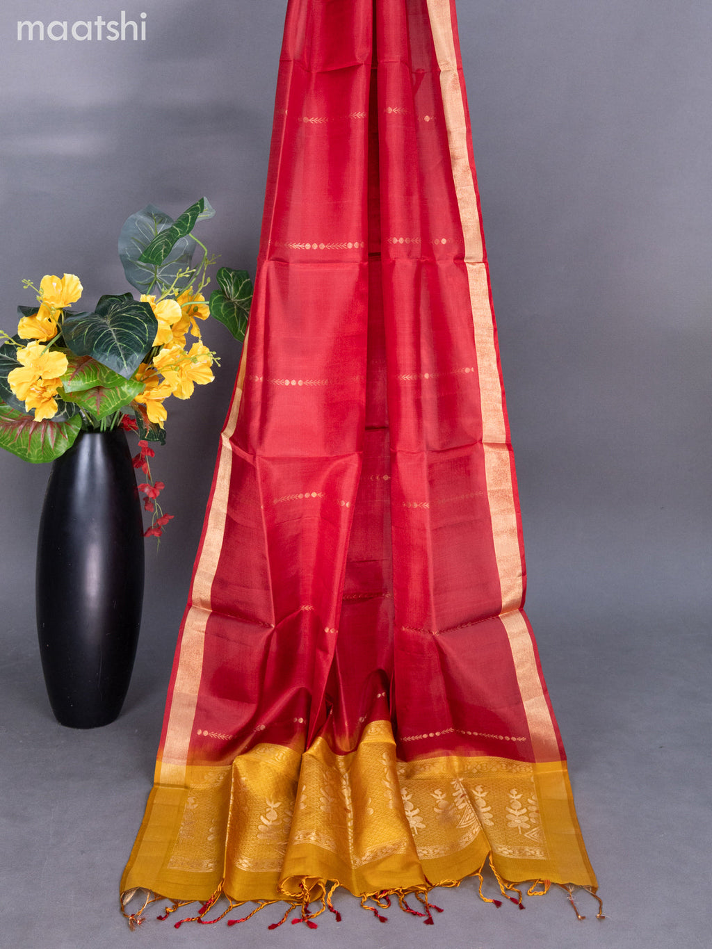Mustard Yellow and Maroon Pure Silk Dress Material With Zari Buttas