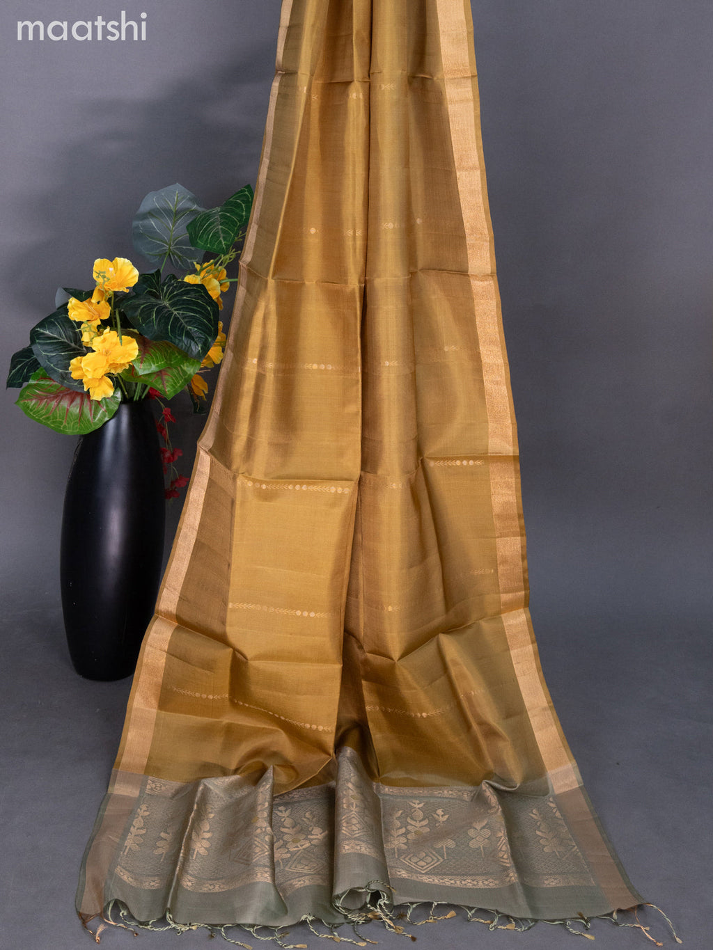 Pastel Green and Mustard Shade Pure Silk Dress Material With Zari Buttas