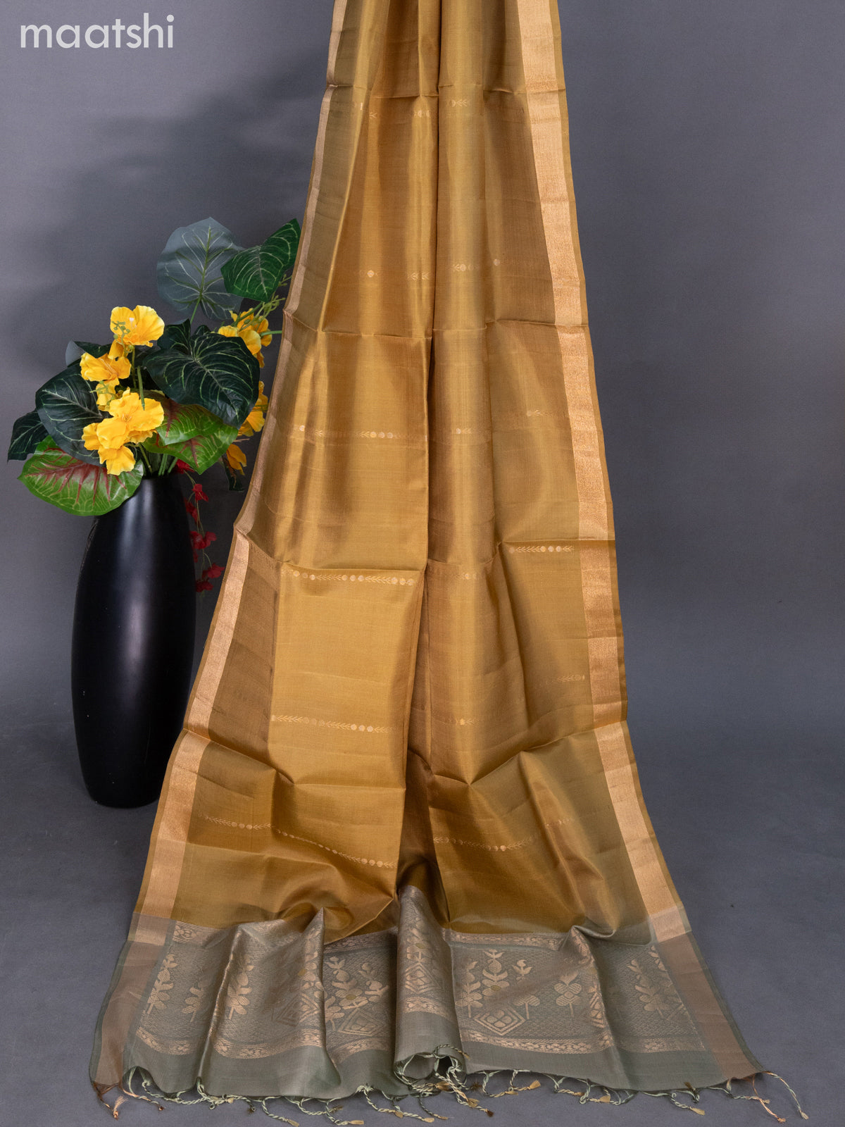 Pastel Green and Mustard Shade Pure Silk Dress Material With Zari Buttas