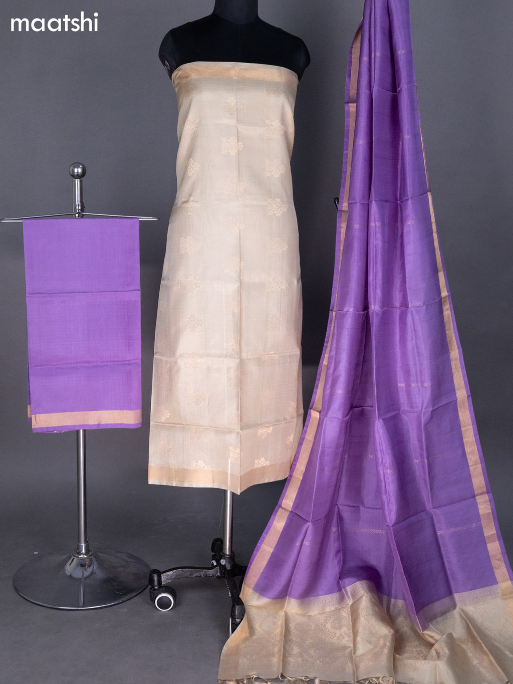 Beige and Lavender Pure Silk Dress Material With Zari Buttas