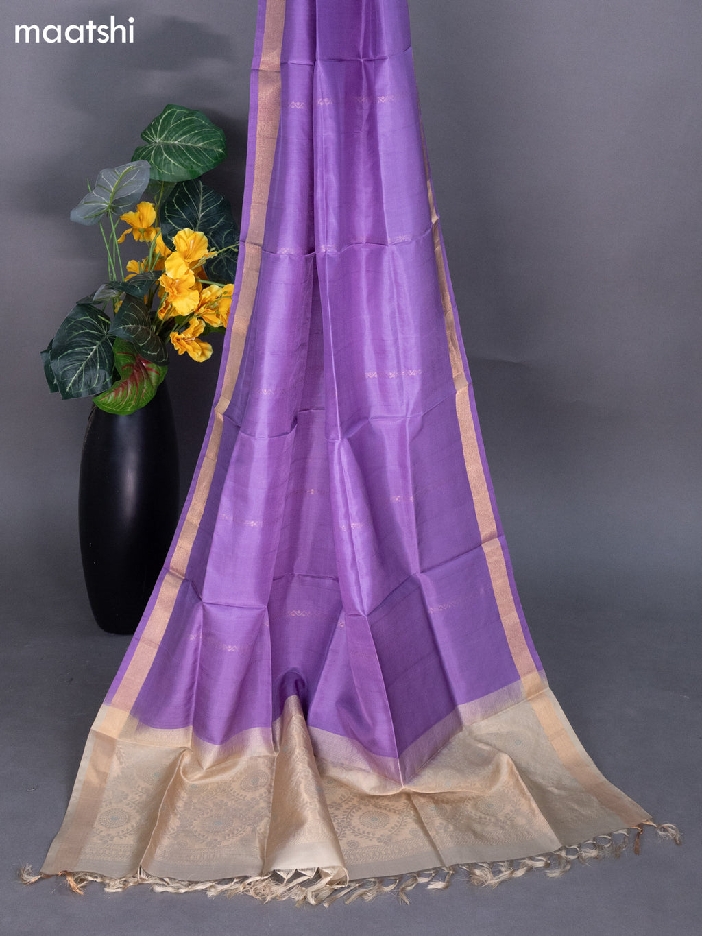 Beige and Lavender Pure Silk Dress Material With Zari Buttas