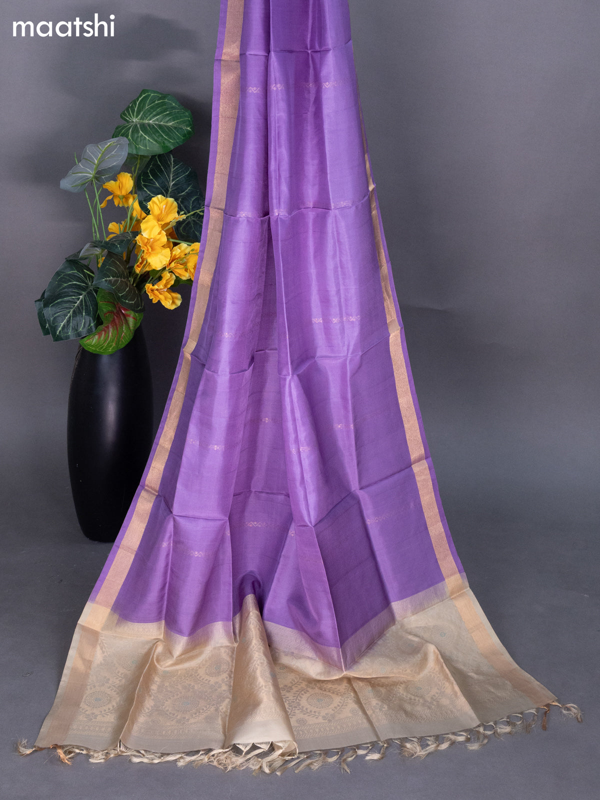 Beige and Lavender Pure Silk Dress Material With Zari Buttas