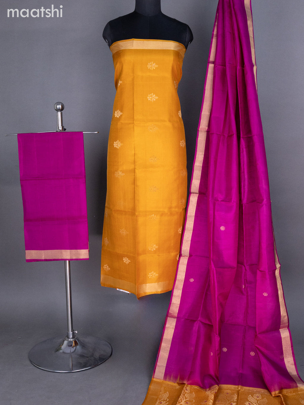 Mustard Yellow and Purple Pure Silk Dress Material With Zari Buttas