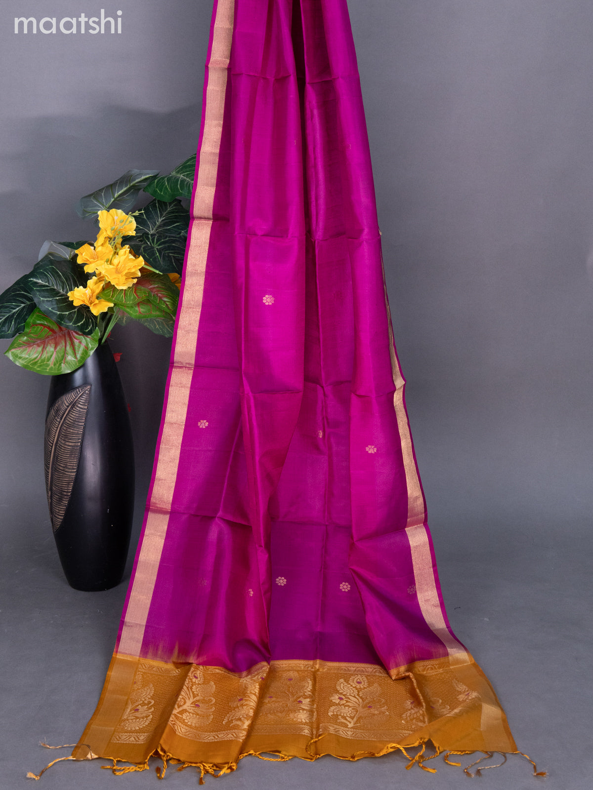 Mustard Yellow and Purple Pure Silk Dress Material With Zari Buttas