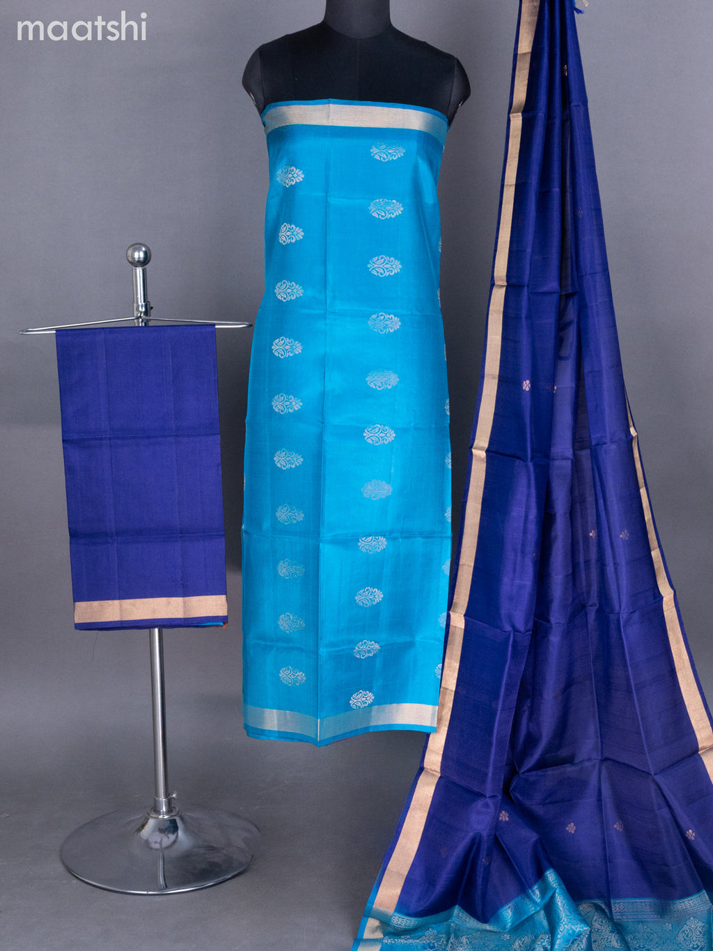 Teal Blue and Navy Blue Pure Silk Dress Material With Zari Buttas