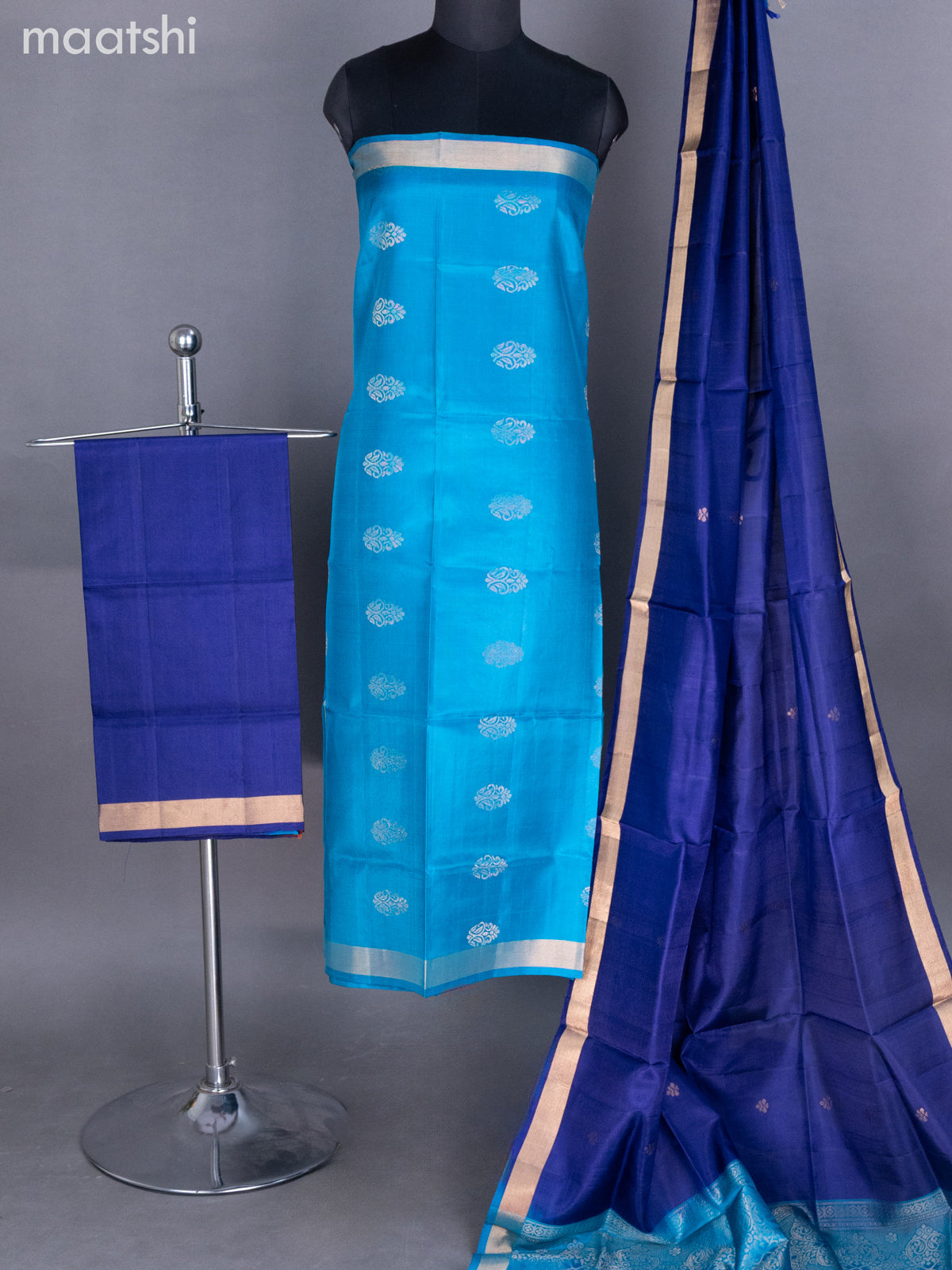 Teal Blue and Navy Blue Pure Silk Dress Material With Zari Buttas