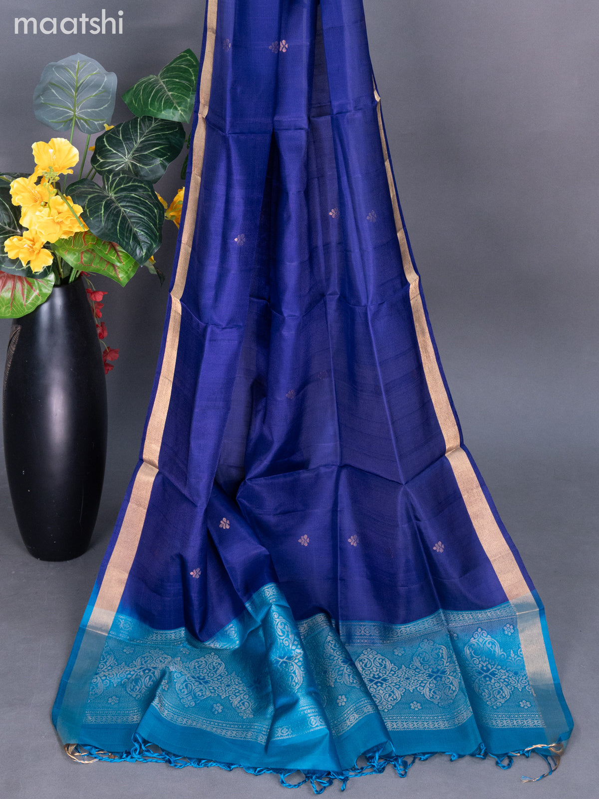 Teal Blue and Navy Blue Pure Silk Dress Material With Zari Buttas