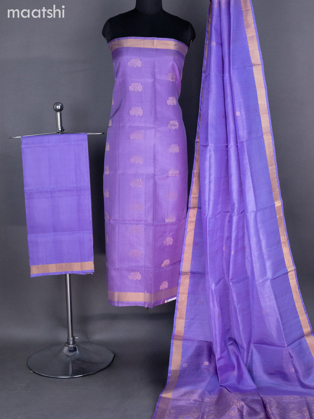 Pastel Purple and Lavender Pure Silk Dress Material With Zari Buttas