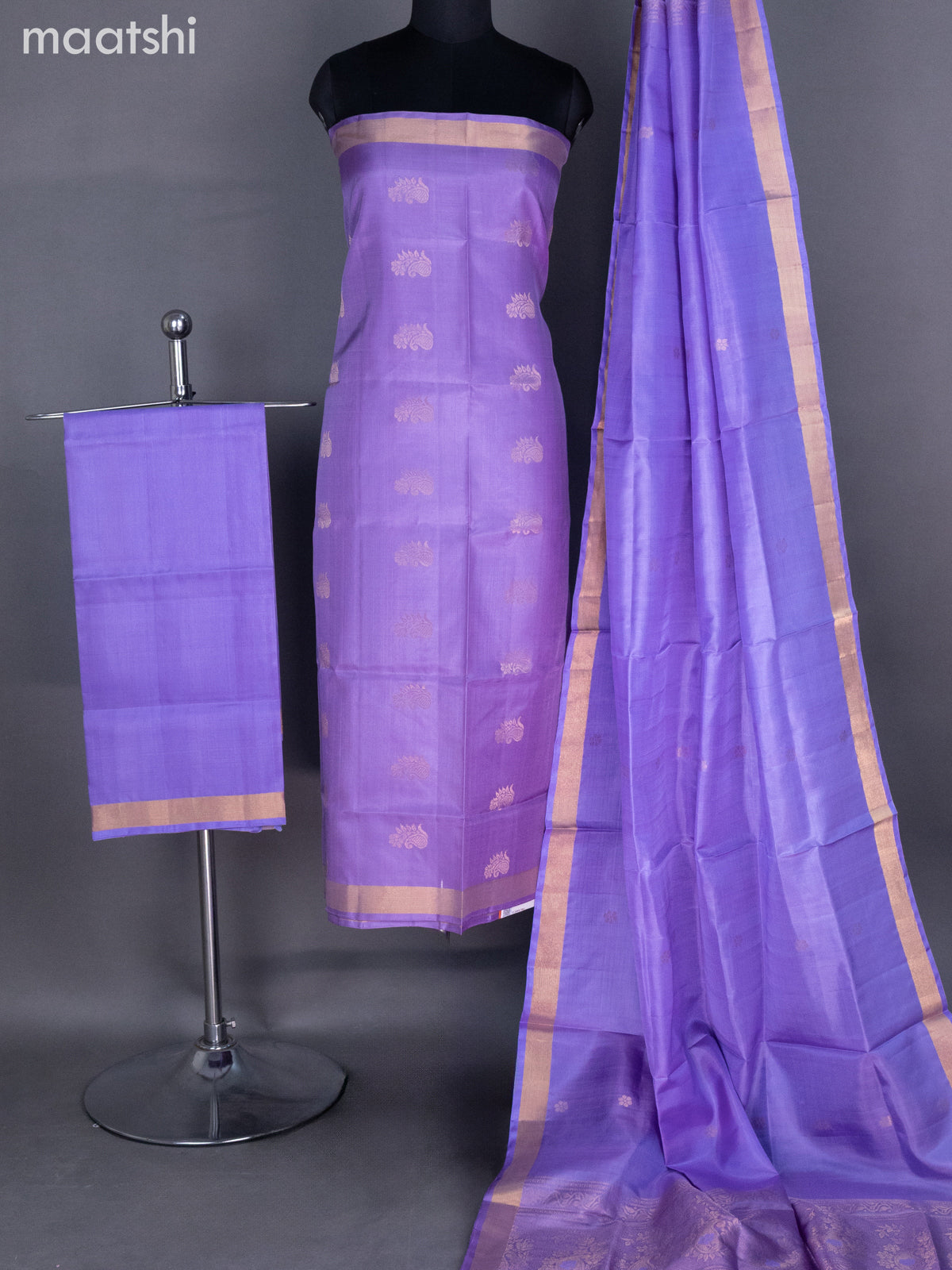 Pastel Purple and Lavender Pure Silk Dress Material With Zari Buttas