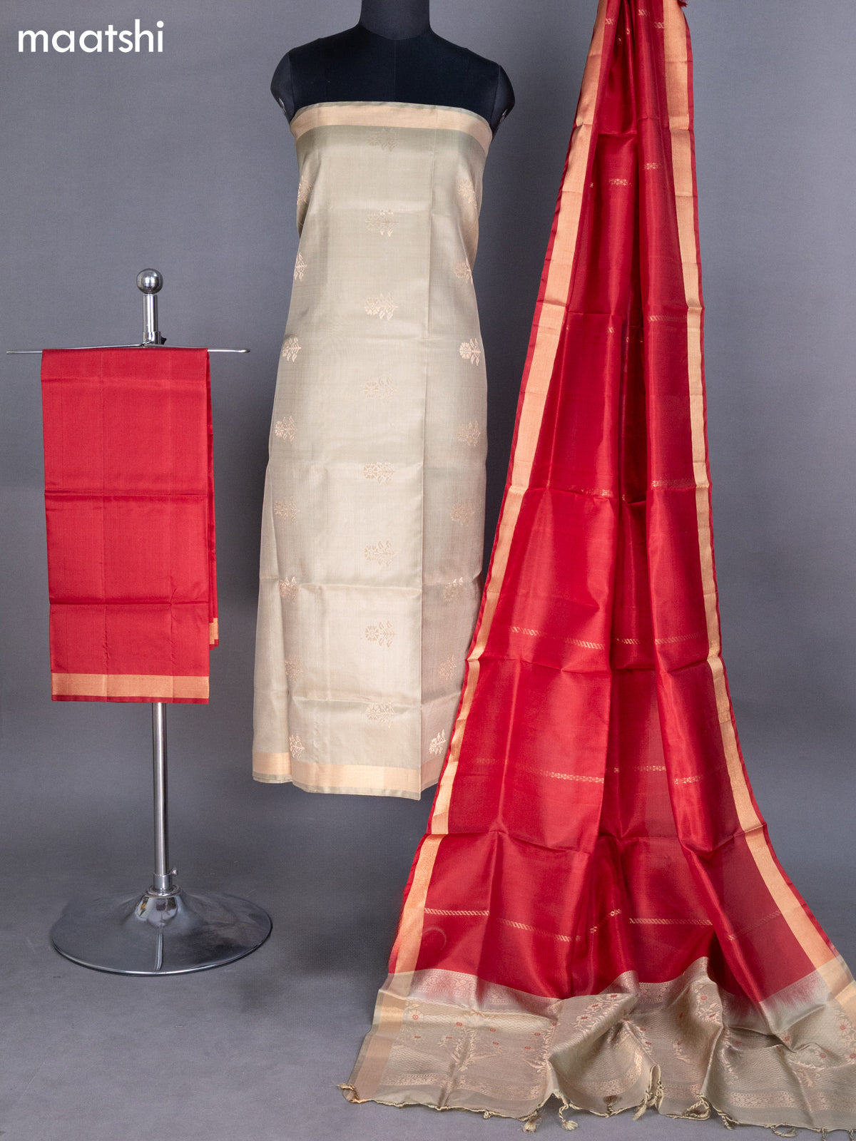 Beige and Maroon Pure Silk Dress Material With Zari Buttas