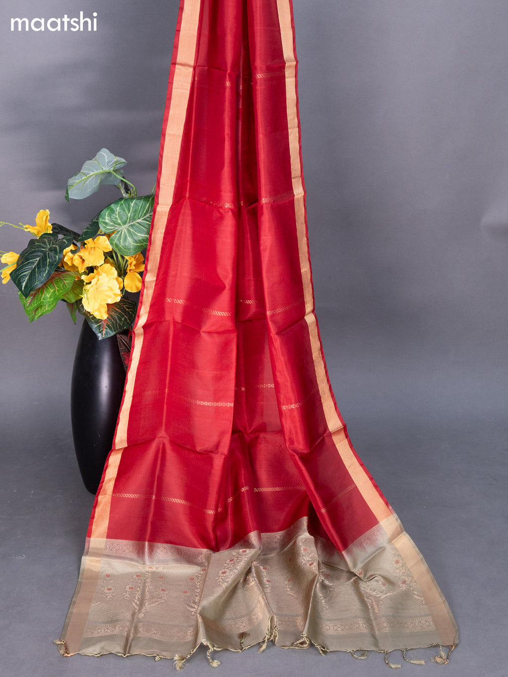 Beige and Maroon Pure Silk Dress Material With Zari Buttas