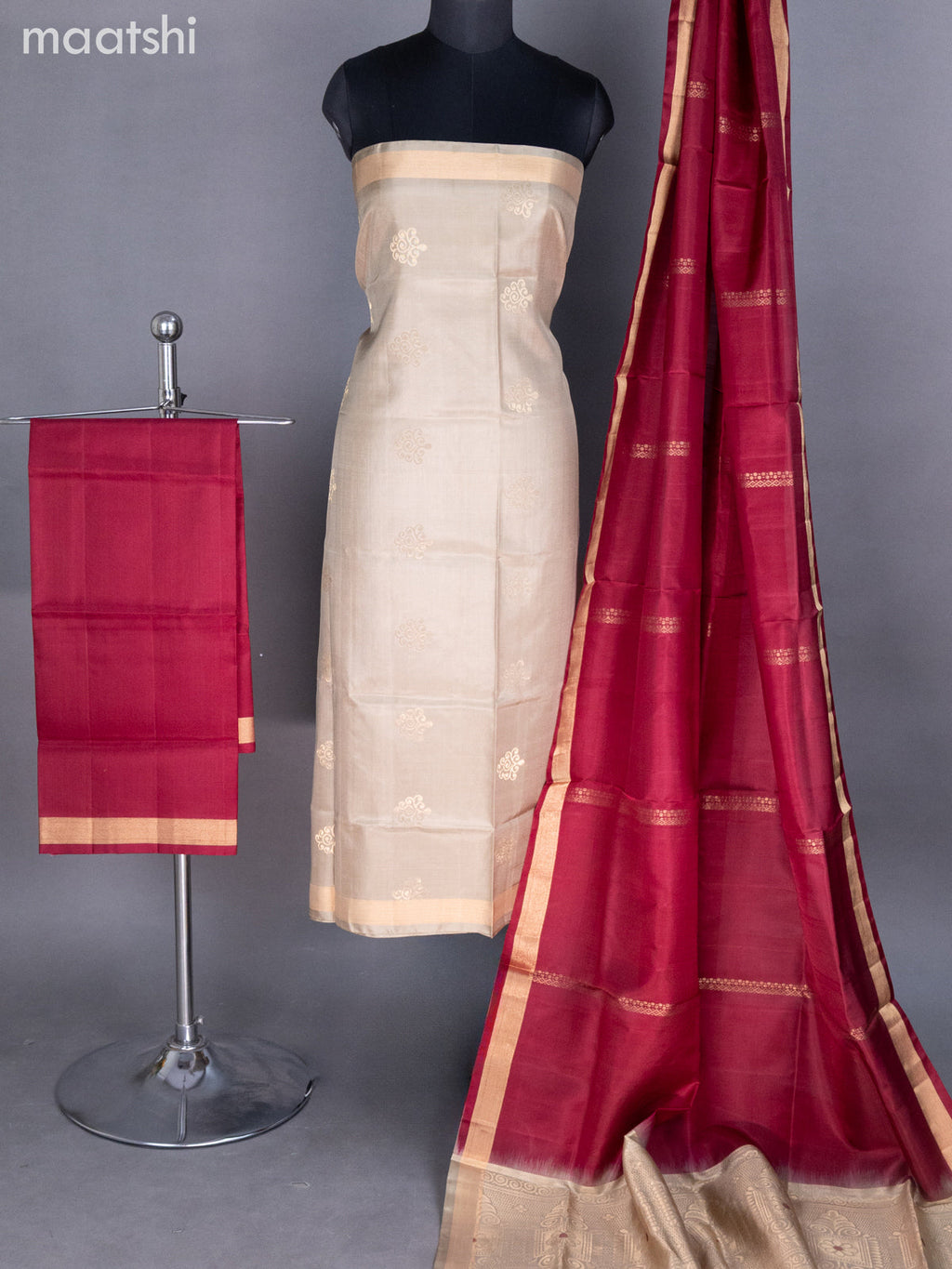 Beige and Maroon Pure Silk Dress Material With Zari Buttas