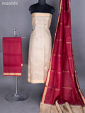 Beige and Maroon Pure Silk Dress Material With Zari Buttas