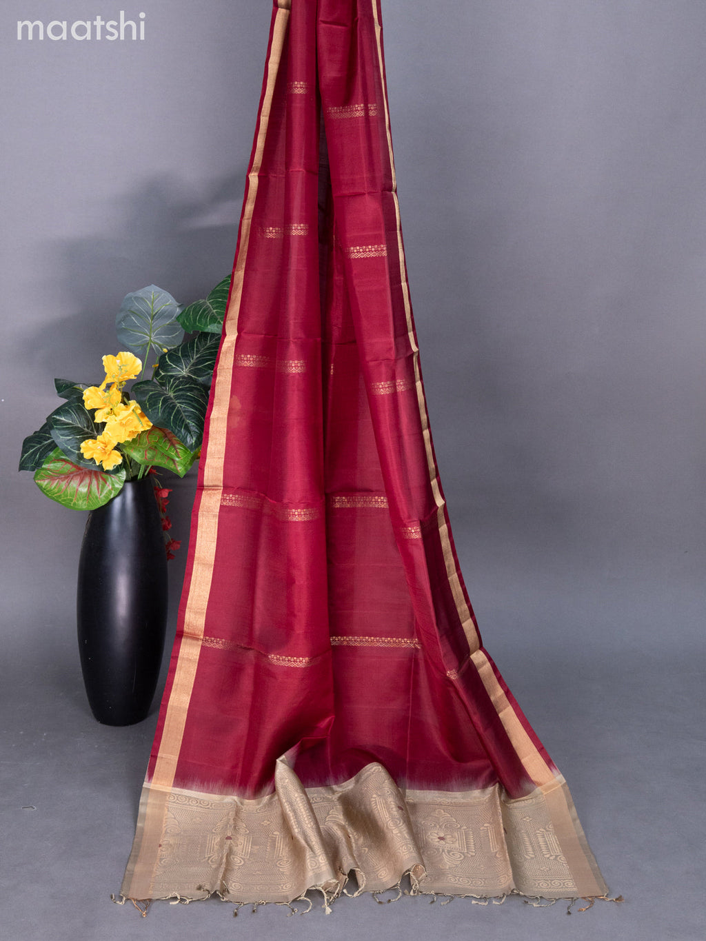 Beige and Maroon Pure Silk Dress Material With Zari Buttas