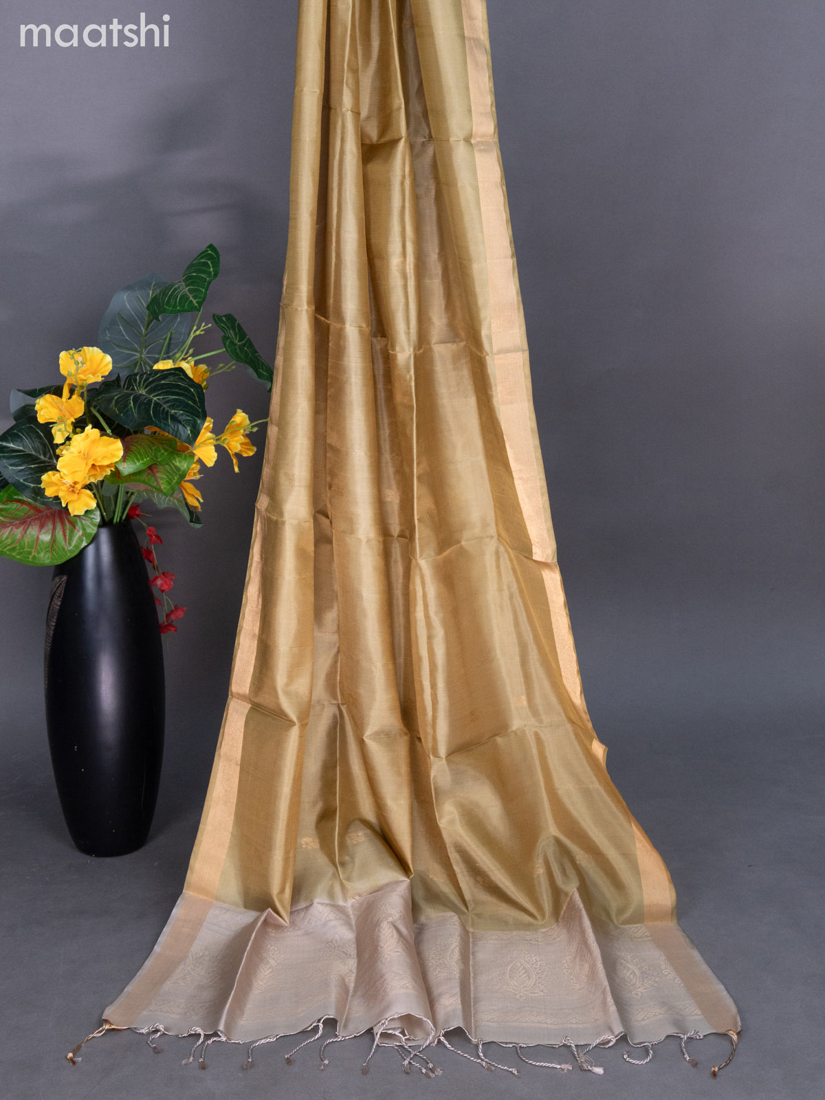 Beige and Elaichi Green Pure Silk Dress Material With Zari Buttas