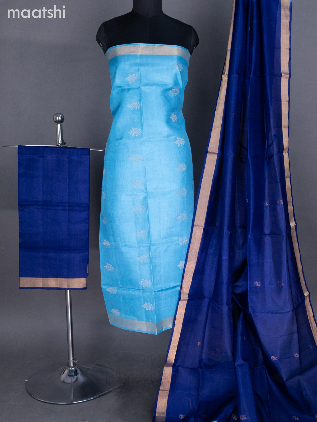 Light Blue and Blue Pure Silk Dress Material With Zari Buttas